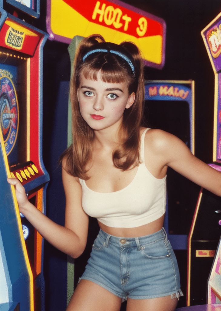 Step back into the vibrant arcade scene of the '90s with this nostalgia-inducing image featuring this girl with a likeness to Maisie Williams exuding retro charm and confidence. 